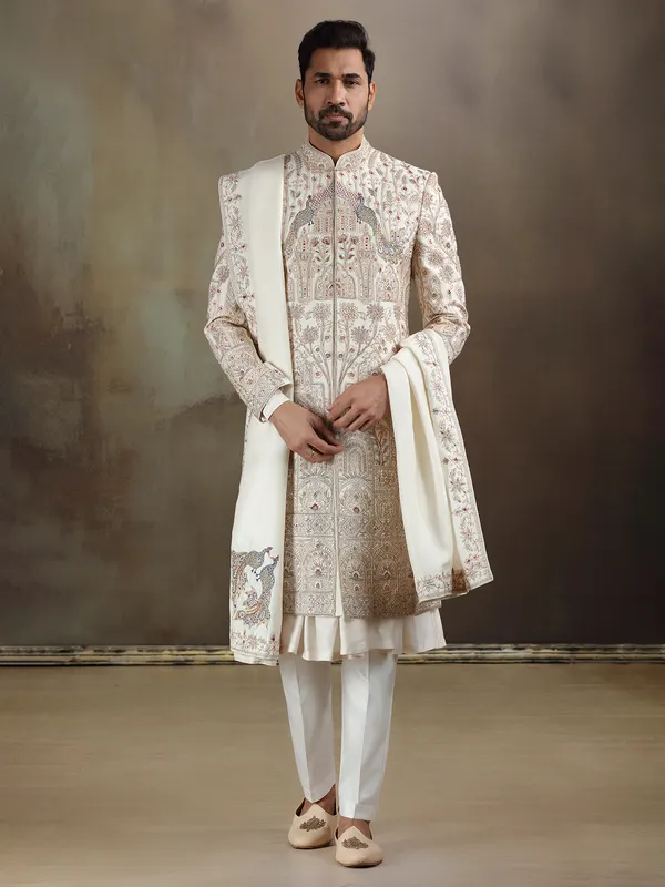 Cream peshwai style silk sherwani with dupatta