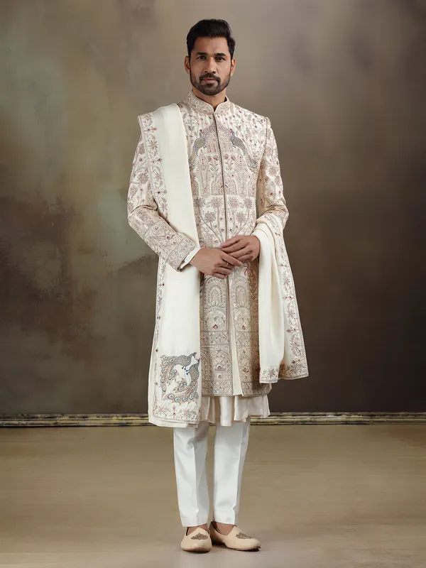 Cream peshwai style silk sherwani with dupatta