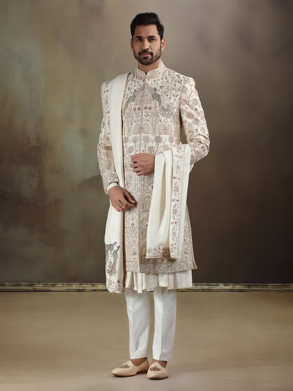 Cream peshwai style silk sherwani with dupatta