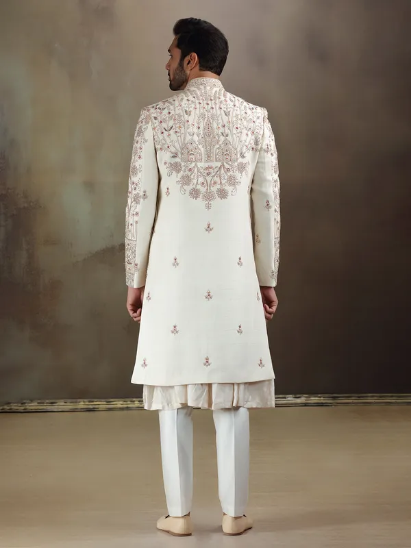 Cream peshwai style silk sherwani with dupatta