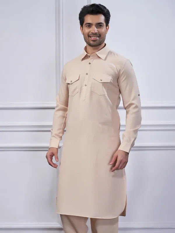 Cream plain pathani kurta suit for festive