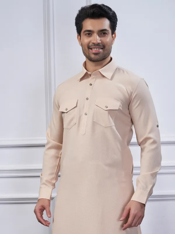 Cream plain pathani kurta suit for festive