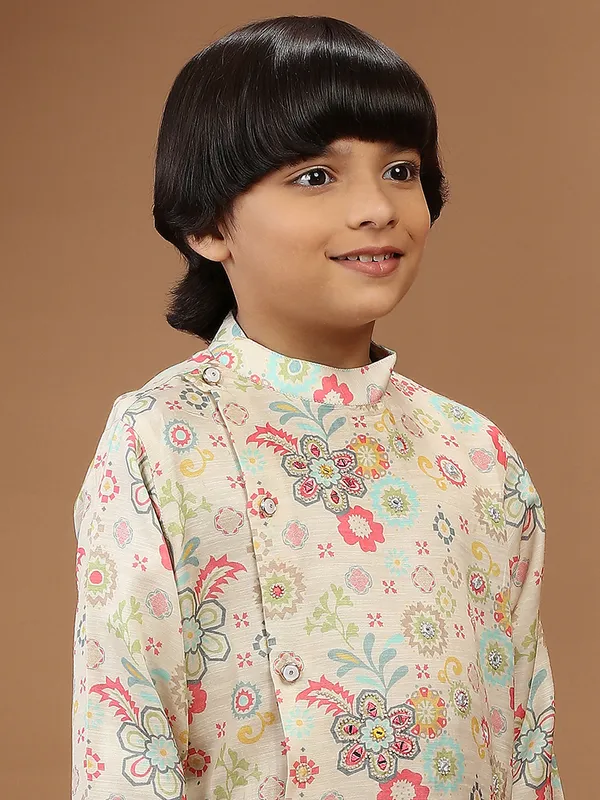 Cream printed boys kurta suit in silk