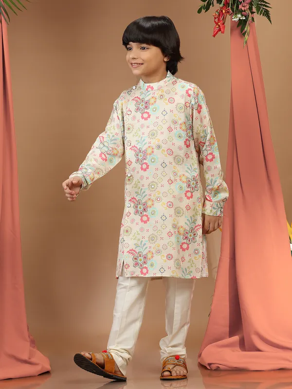 Cream printed boys kurta suit in silk