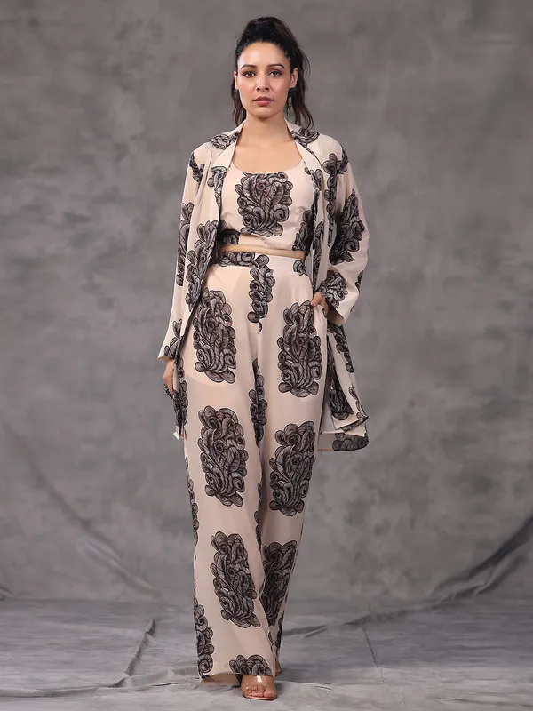 Cream printed co ord set with jacket style