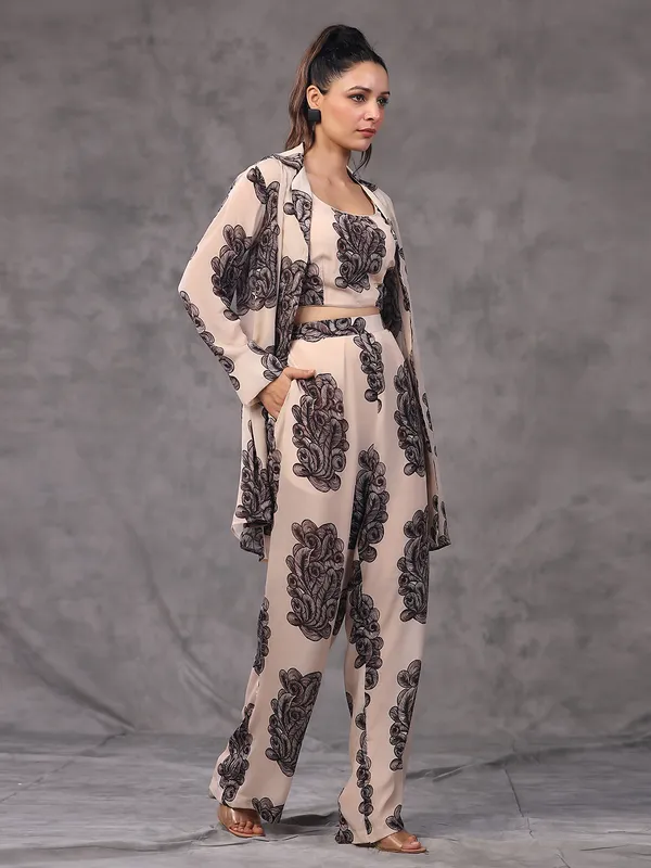 Cream printed co ord set with jacket style