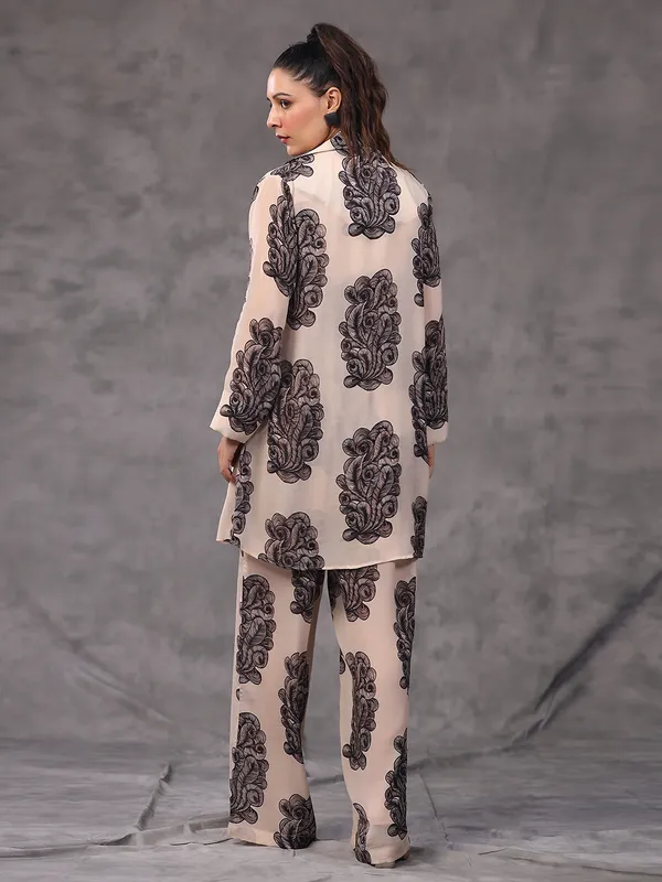 Cream printed co ord set with jacket style