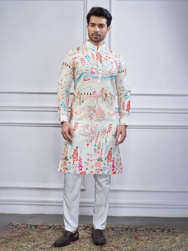 Cream printed cotton kurta pajama