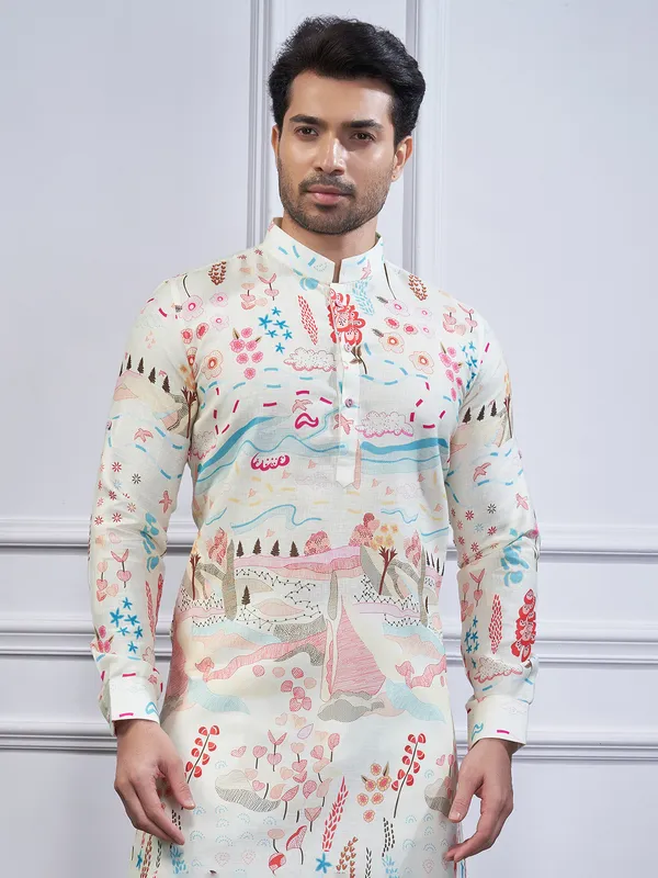 Cream printed cotton kurta pajama