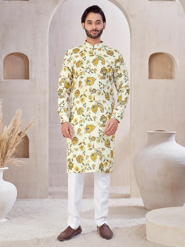Cream printed cotton kurta suit for festival