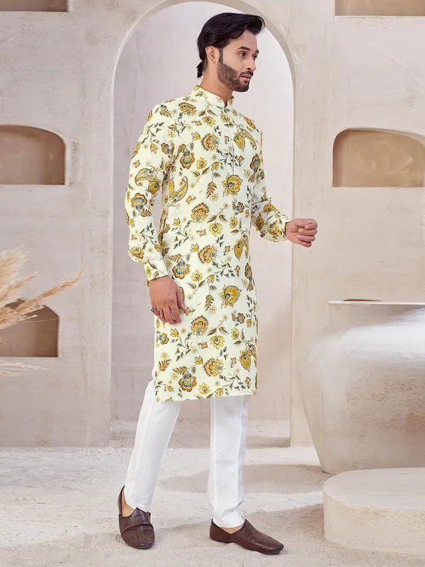 Cream printed cotton kurta suit for festival