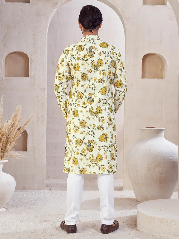 Cream printed cotton kurta suit for festival