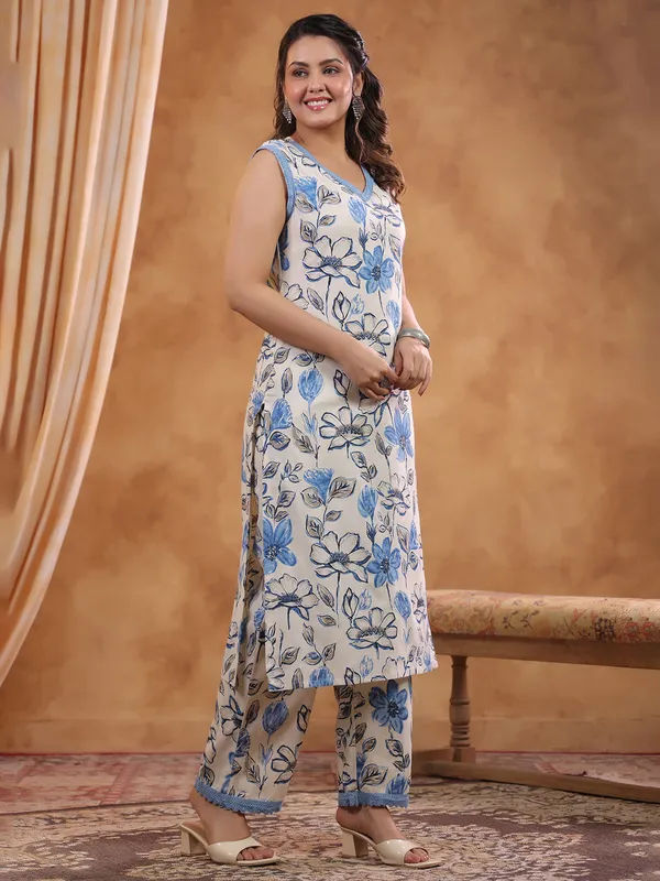Cream printed cotton kurti set for casual wear
