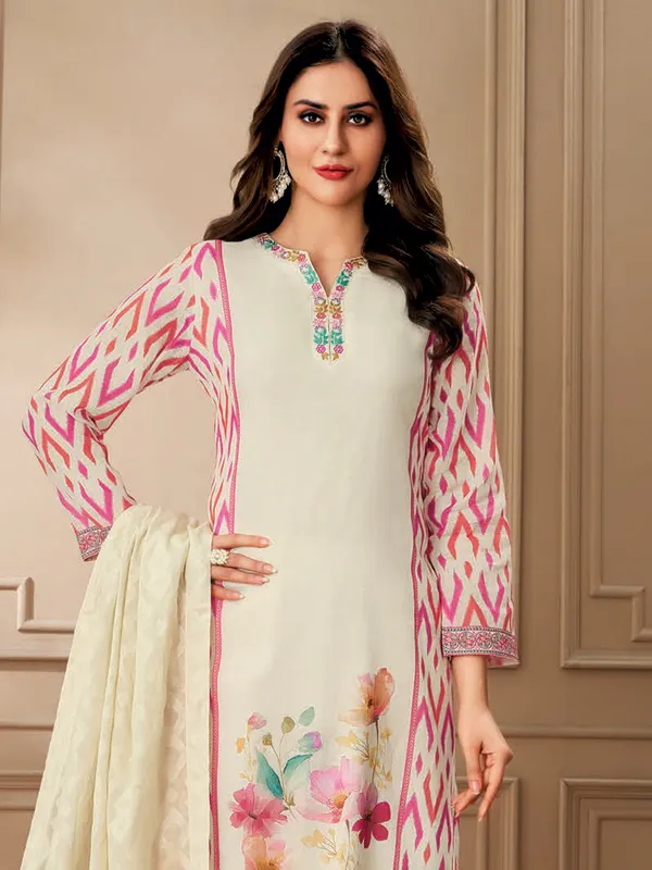 Cream printed cotton salwar suit