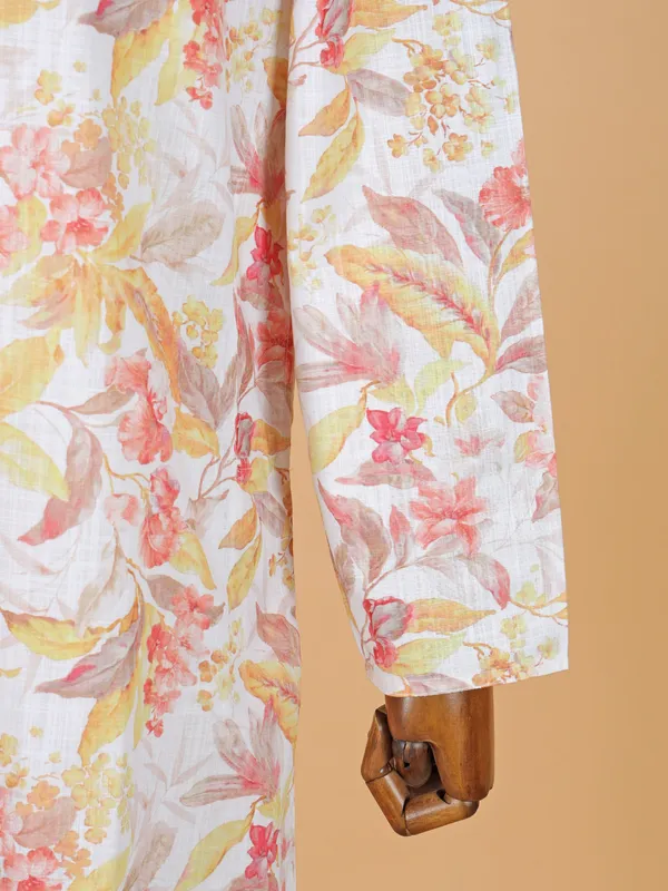 Cream printed cotton silk kurta suit for men