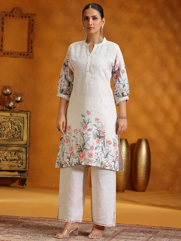 Cream printed Cotton silk kurti set for women