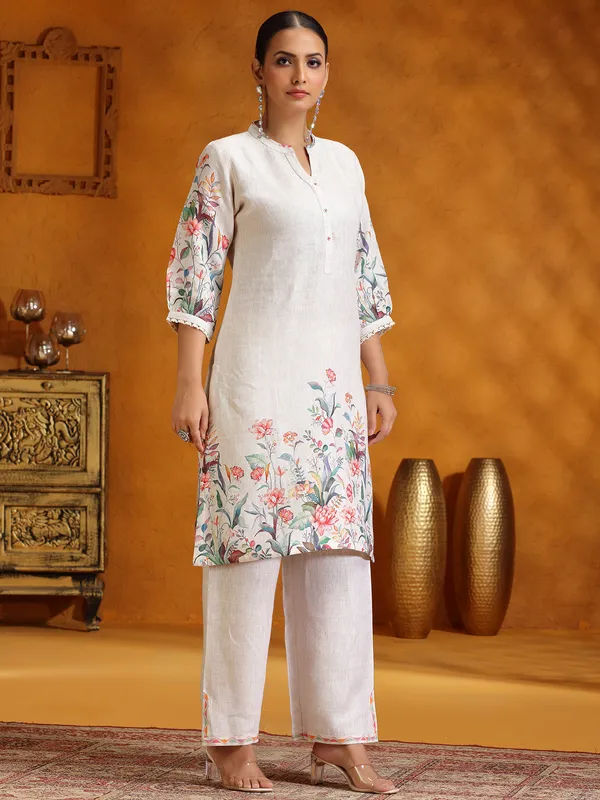 Cream printed Cotton silk kurti set for women