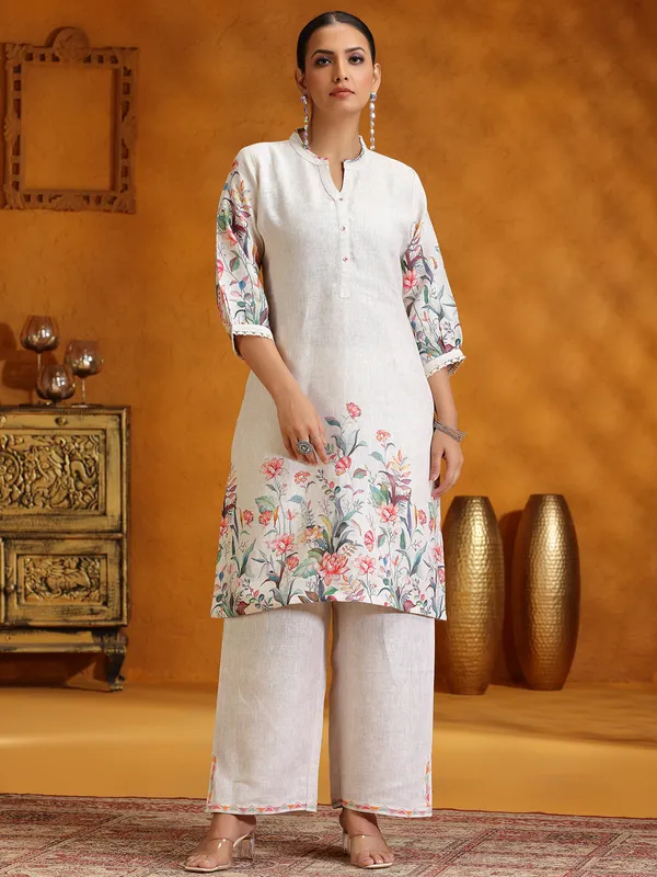 Cream printed Cotton silk kurti set for women