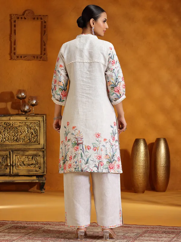 Cream printed Cotton silk kurti set for women