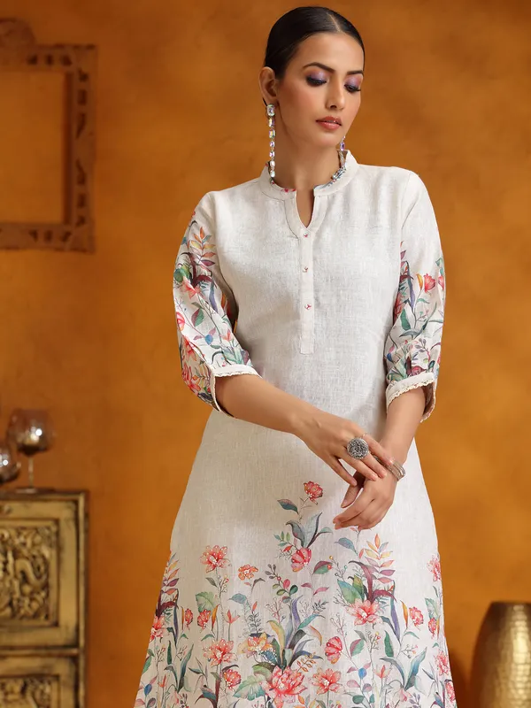 Cream printed Cotton silk kurti set for women