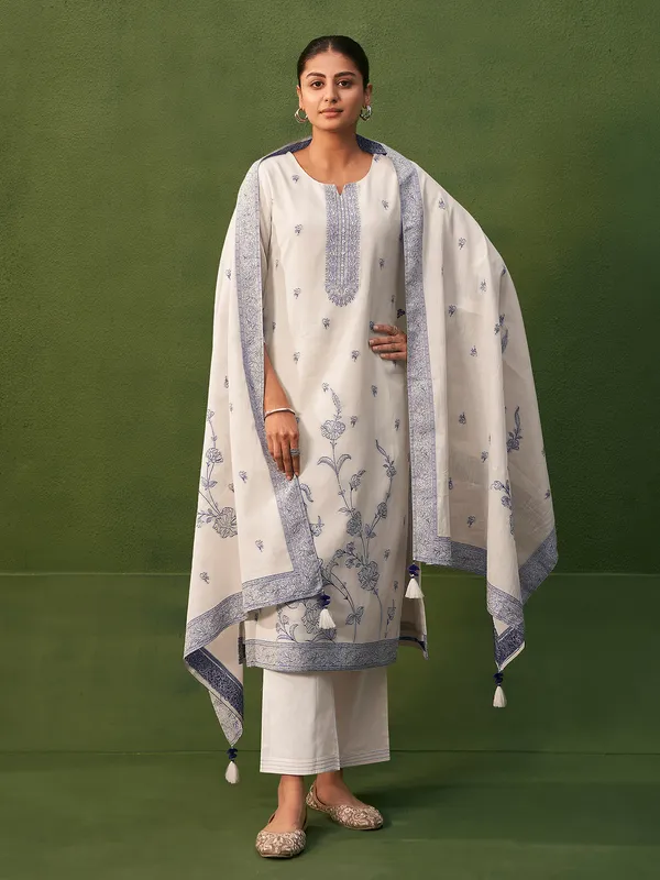 Cream printed cotton silk kurti set with dupatta