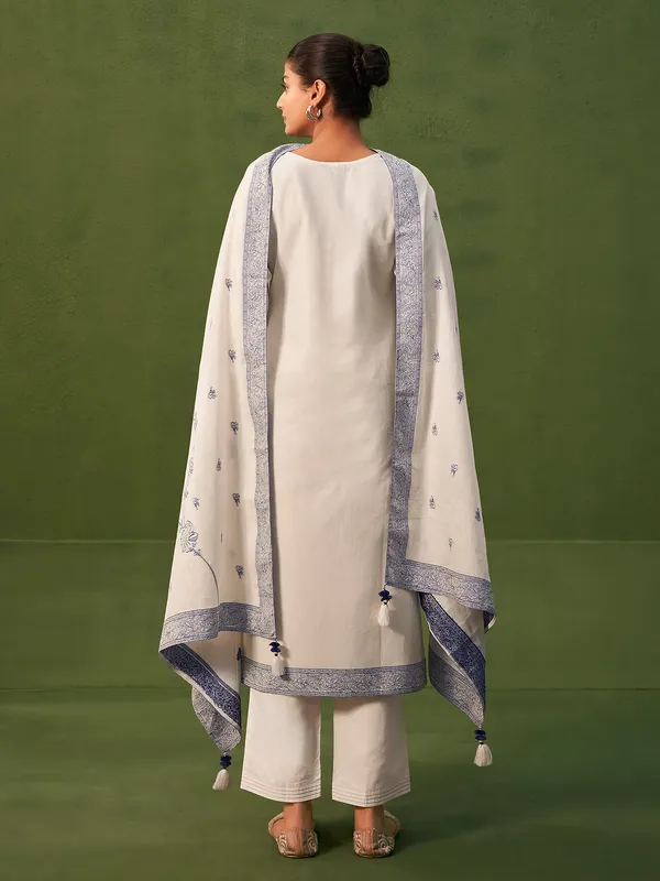 Cream printed cotton silk kurti set with dupatta