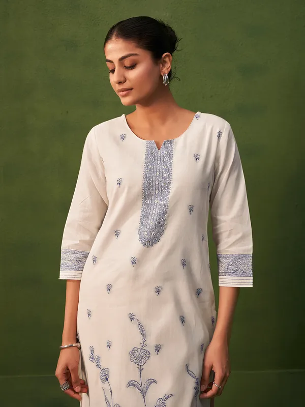 Cream printed cotton silk kurti set with dupatta