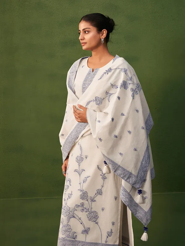 Cream printed cotton silk kurti set with dupatta