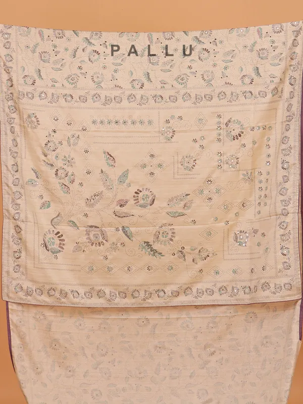 Cream printed cotton silk saree for women