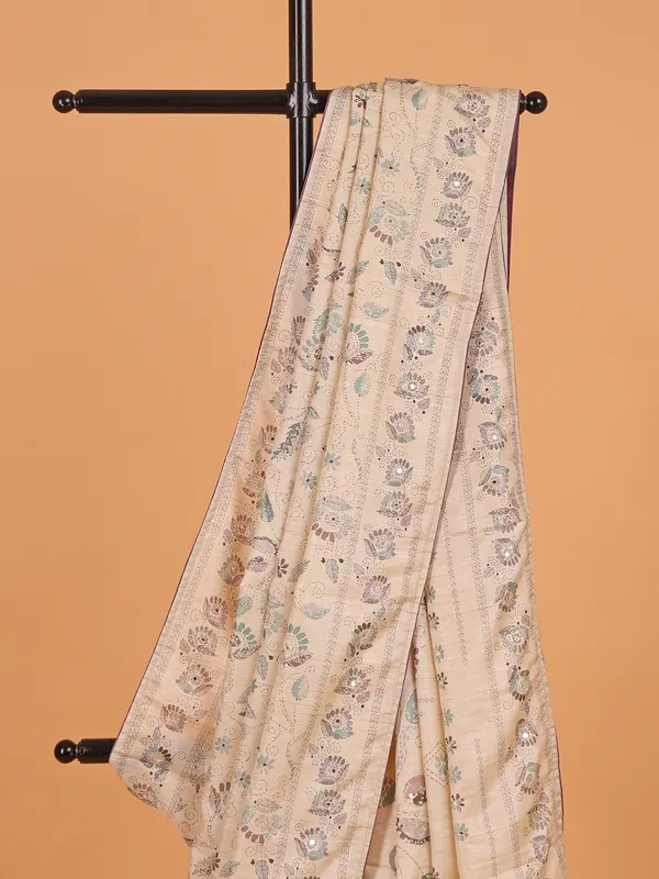 Cream printed cotton silk saree for women