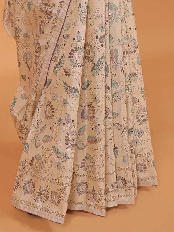 Cream printed cotton silk saree for women