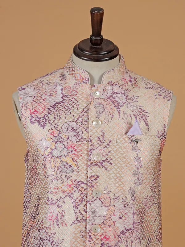 Cream printed cotton silk waistcoat for men