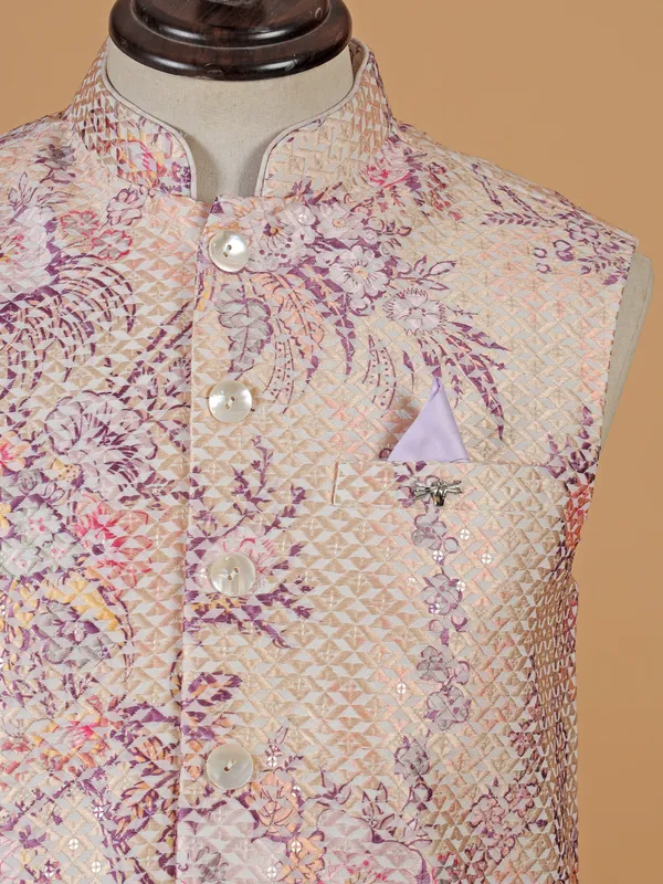 Cream printed cotton silk waistcoat for men