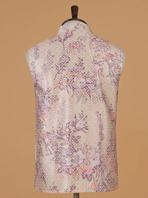 Cream printed cotton silk waistcoat for men
