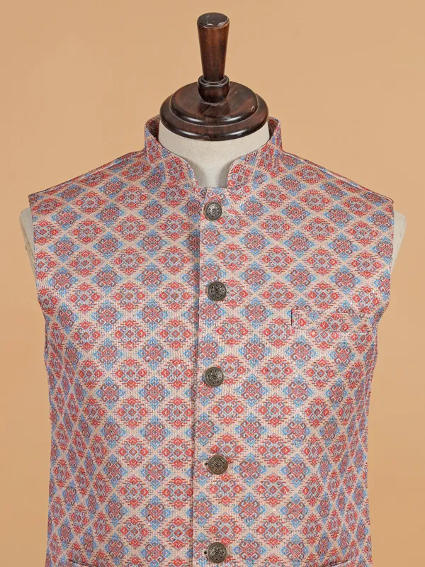 Cream printed cotton silk waistcoat in resham