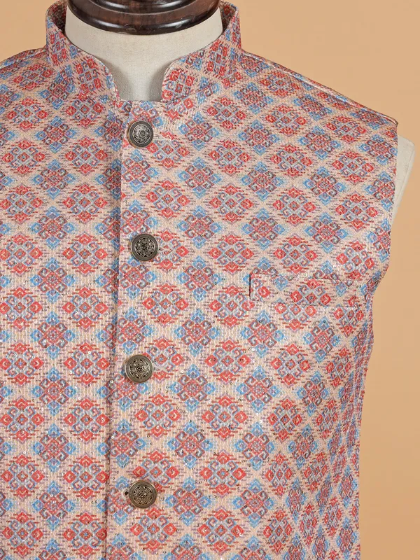 Cream printed cotton silk waistcoat in resham