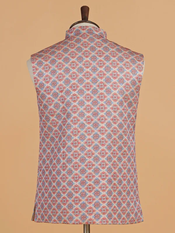 Cream printed cotton silk waistcoat in resham