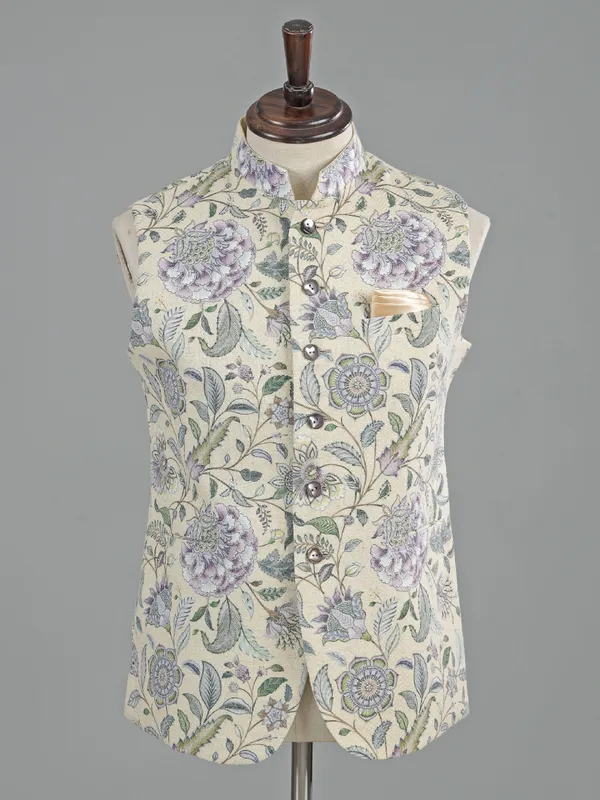 Cream printed cotton waistcoat for men