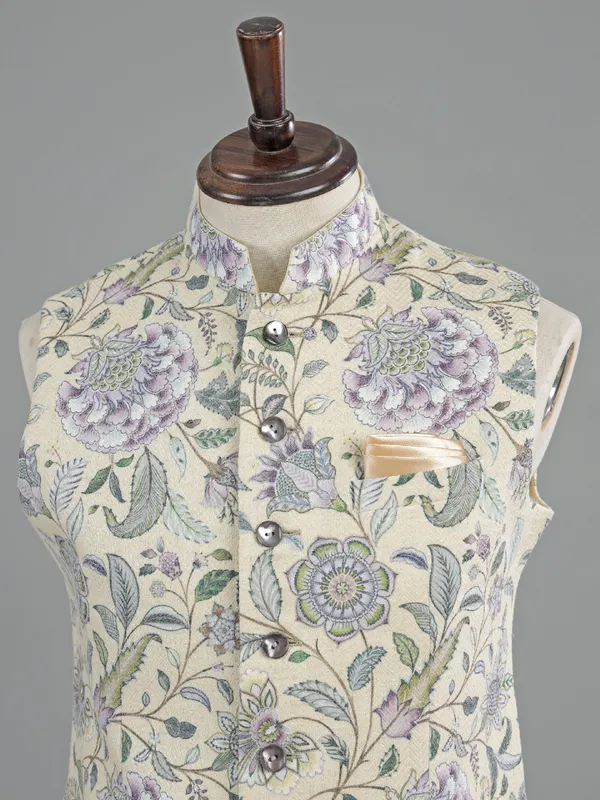 Cream printed cotton waistcoat for men