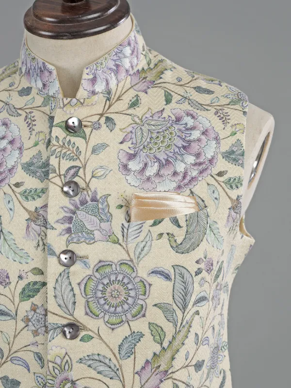 Cream printed cotton waistcoat for men