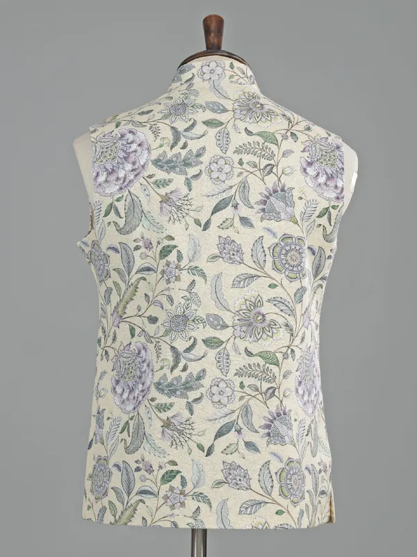 Cream printed cotton waistcoat for men