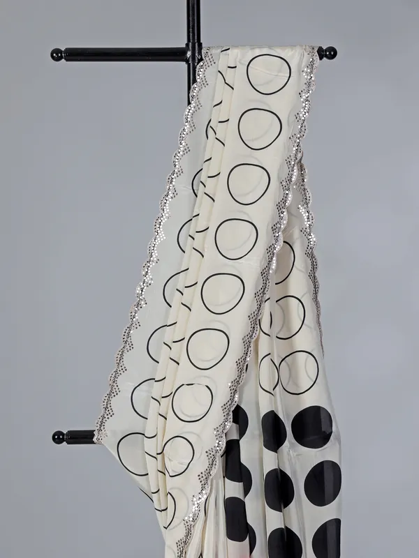 Cream printed crepe silk party wear saree