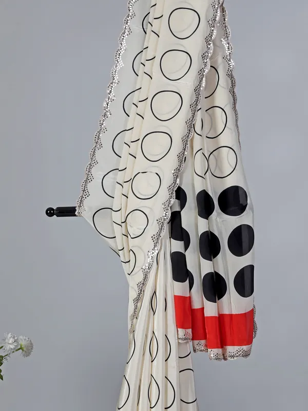 Cream printed crepe silk party wear saree