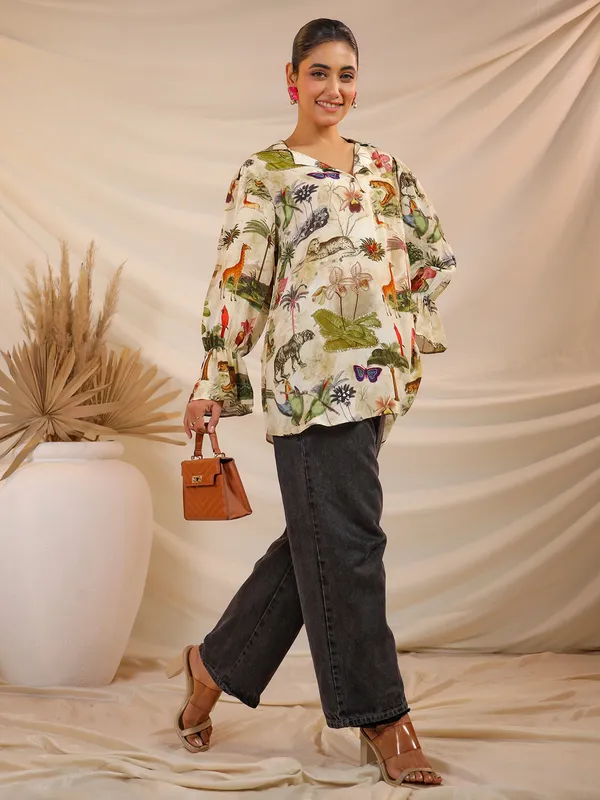 Cream printed crepe top with sequins work