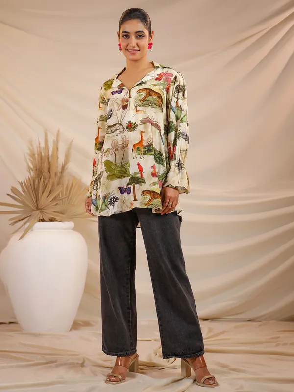 Cream printed crepe top with sequins work