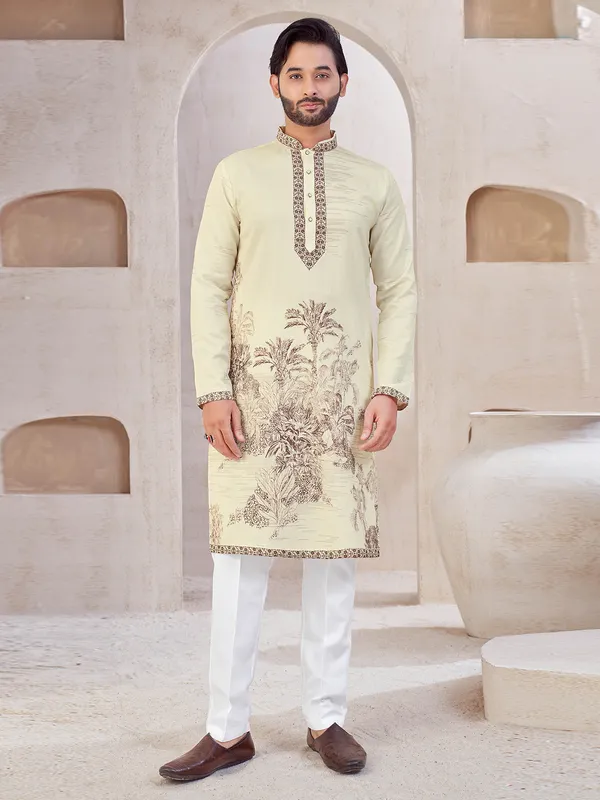 Cream printed festive wear kurta suit