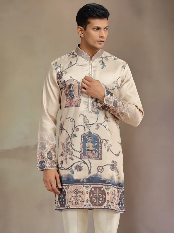 Cream printed festive wear tusser silk kurta pajama