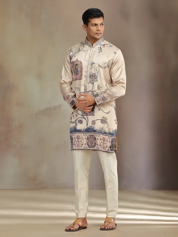 Cream printed festive wear tusser silk kurta pajama
