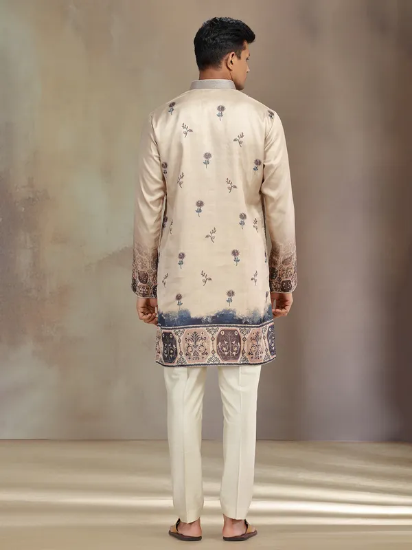Cream printed festive wear tusser silk kurta pajama