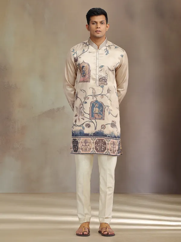 Cream printed festive wear tusser silk kurta pajama